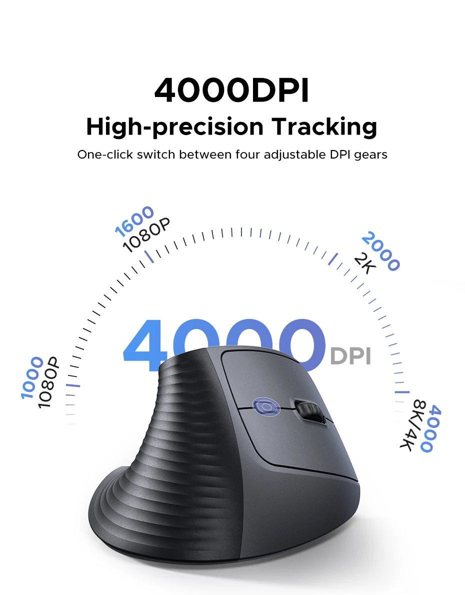 UGREEN Wireless Mouse Vertical 2.4G Ergonomic 4000DPI 6 Mute Buttons for MacBook Tablet Laptops Computer PC Mice Black Pink