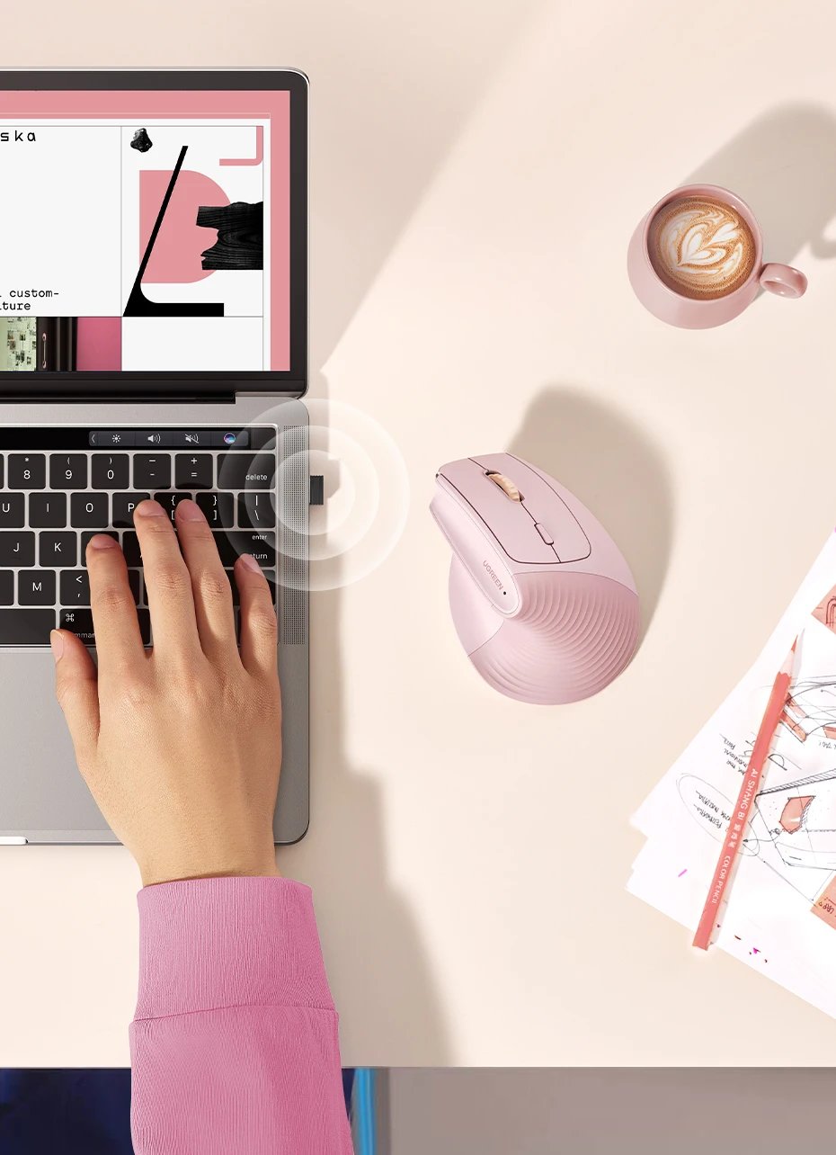 UGREEN Wireless Mouse Vertical 2.4G Ergonomic 4000DPI 6 Mute Buttons for MacBook Tablet Laptops Computer PC Mice Black Pink