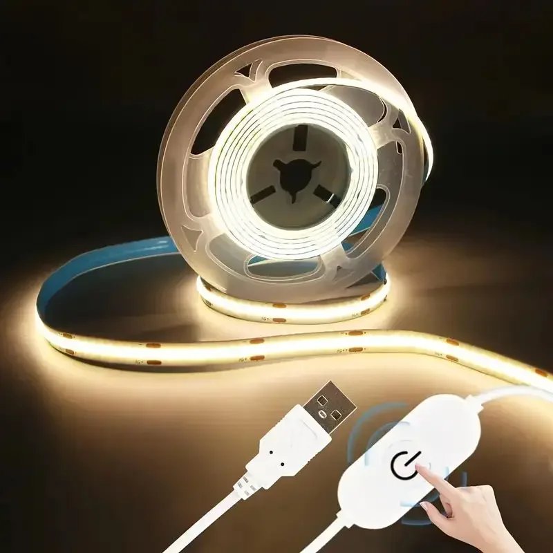 1m-5m USB COB LED Strip Light 5V 320LEDs/m DIY TV Mirror Backlight Flexible Ribbon Tape Touch Sensor Dimmable Kitchen Room Lamp