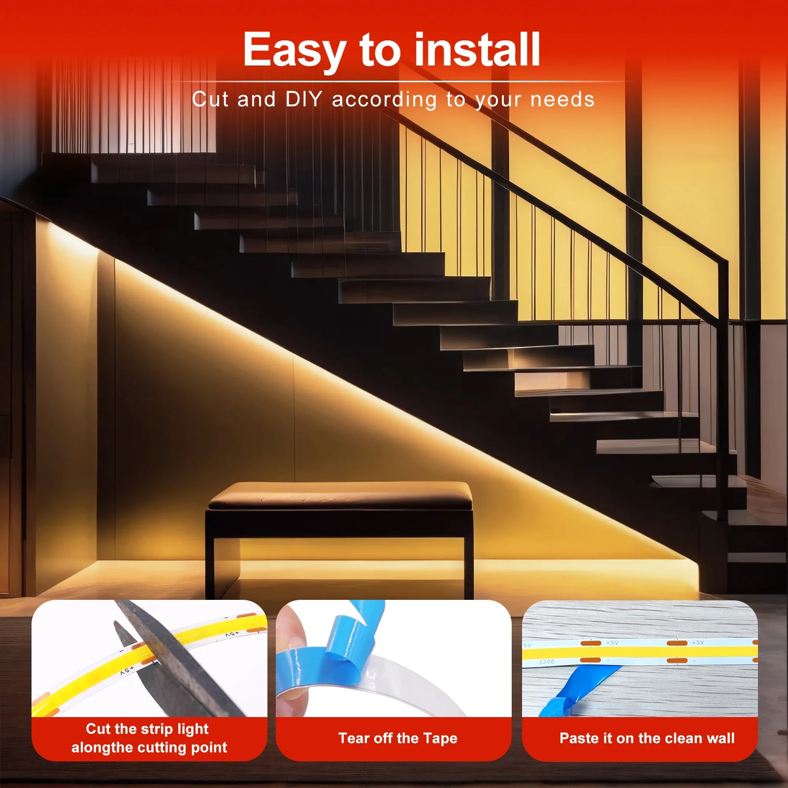 Dimmable COB LED Strip Light 5V USB Flexible LED Tape with ON OFF Switch 320LEDs High Density Linear Lighting with Adhesive Tape