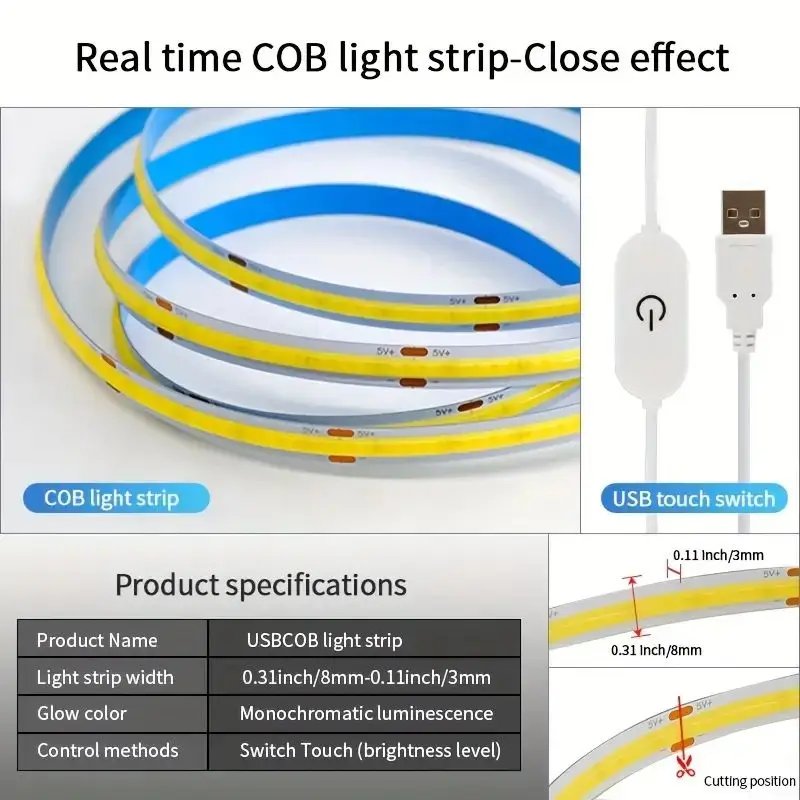 COB Lights LED Strip Touch Dimmer Flexible Diode Tape 5V USB Linear Indoor Lighting Lamp Room DIY TV Mirror Backlight Wall Decor