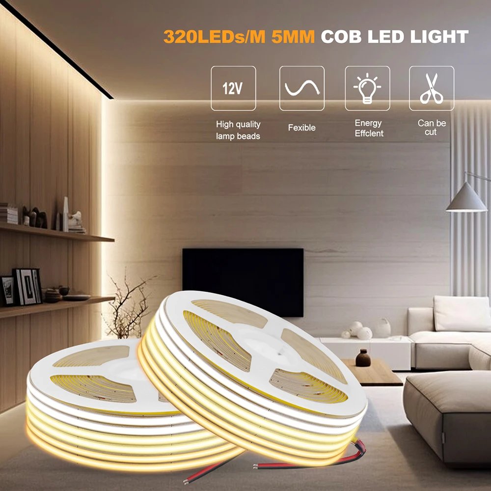 3mm 5mm 8mm PCB COB LED Strip Light 5V 12V 24V 320LEDs/m High Brightness Flexible Tape Warm Natural White Red Green Blue 0.5m 5m