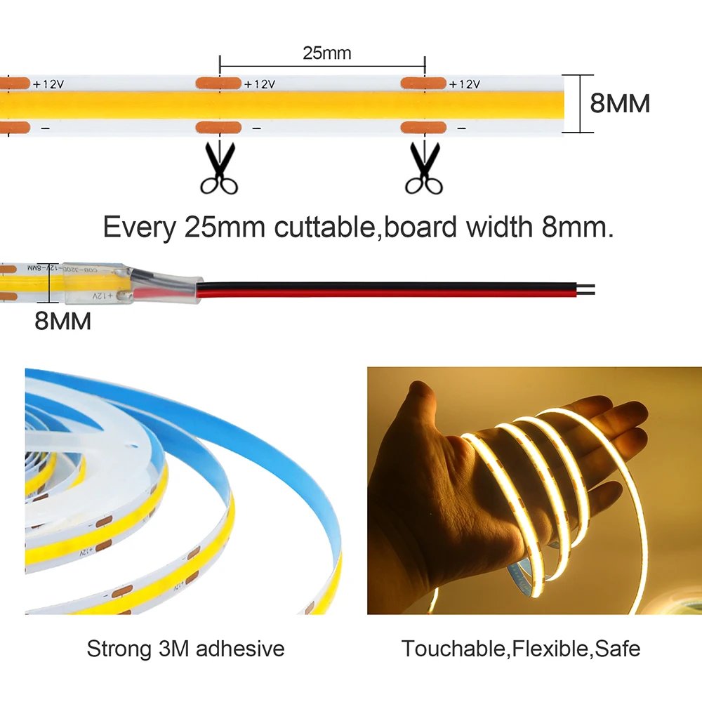 3mm 5mm 8mm PCB COB LED Strip Light 5V 12V 24V 320LEDs/m High Brightness Flexible Tape Warm Natural White Red Green Blue 0.5m 5m