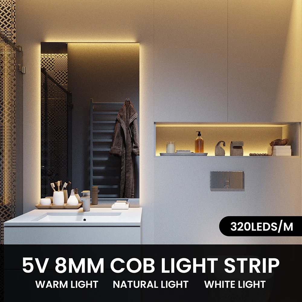 3mm 5mm 8mm PCB COB LED Strip Light 5V 12V 24V 320LEDs/m High Brightness Flexible Tape Warm Natural White Red Green Blue 0.5m 5m