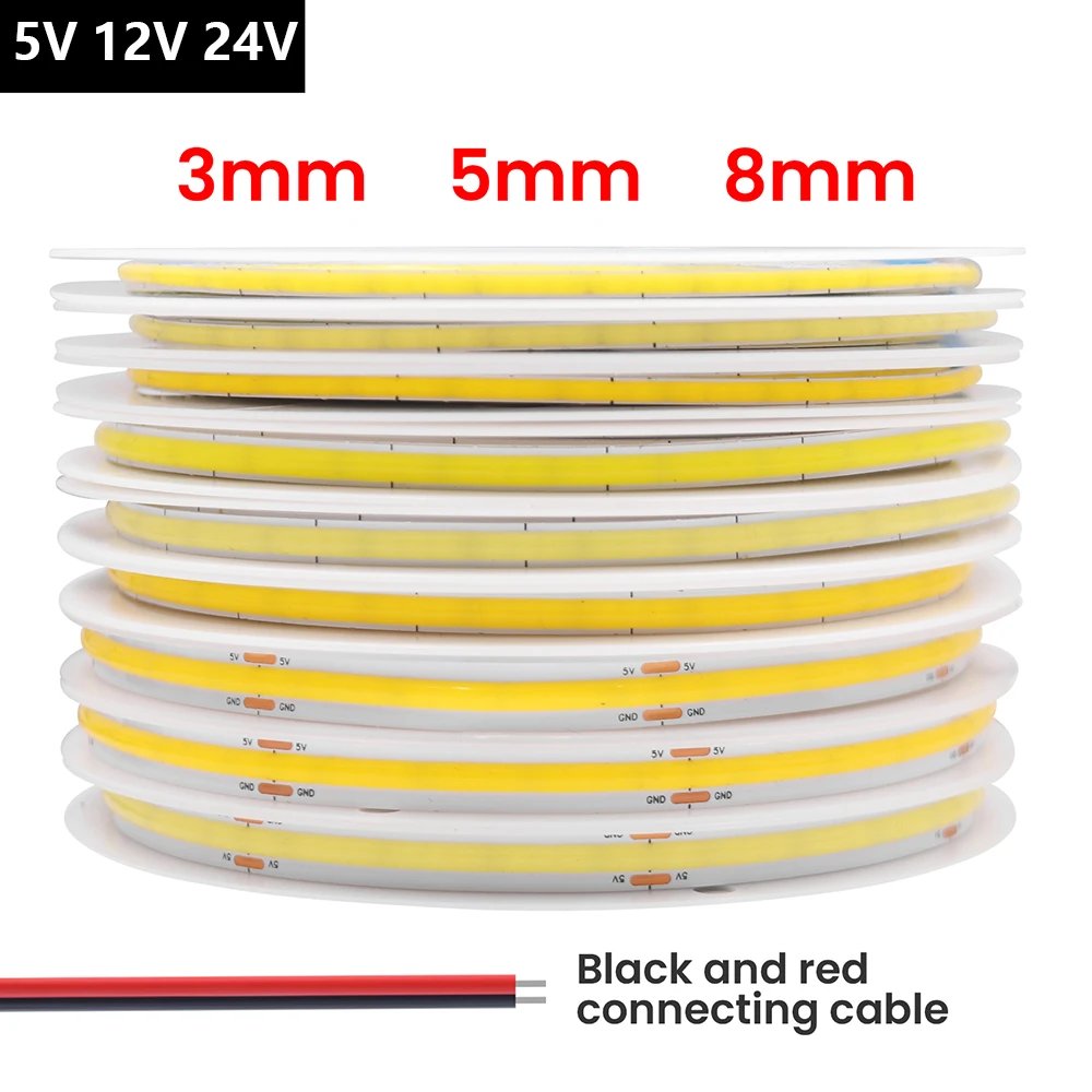 3mm 5mm 8mm PCB COB LED Strip Light 5V 12V 24V 320LEDs/m High Brightness Flexible Tape Warm Natural White Red Green Blue 0.5m 5m