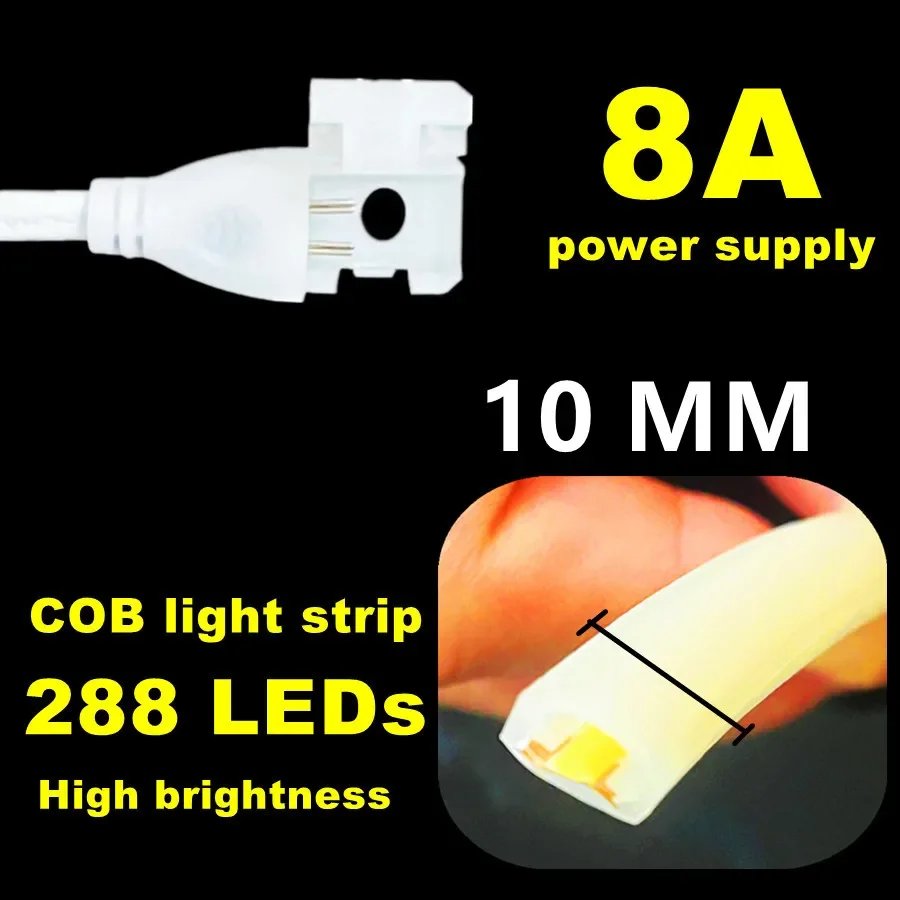 288LEDs/m COB LED Strip 220V Dimmable Power EU Plug 3000k 6000k RA90 Outdoor Garden FOB LED Tape Bedroom Kitchen Lighting