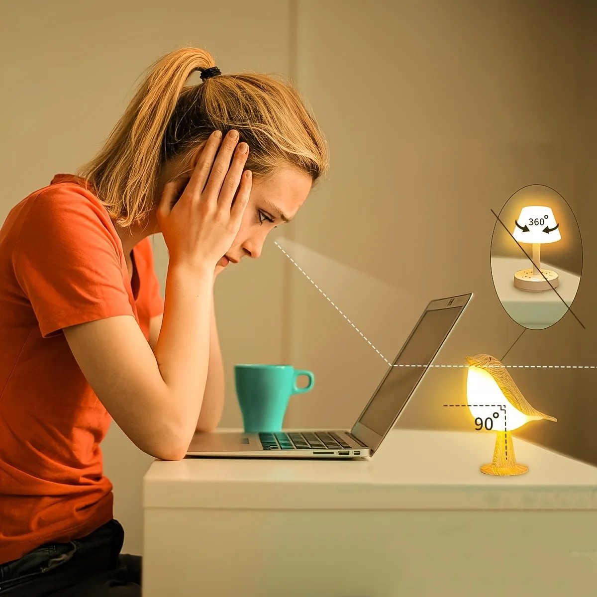 Small Desk Lamp, Bird Lamp Bedside Lamps with 3 Color Temperature and Touch Sensor,Cordless Lamp Kids Night Light